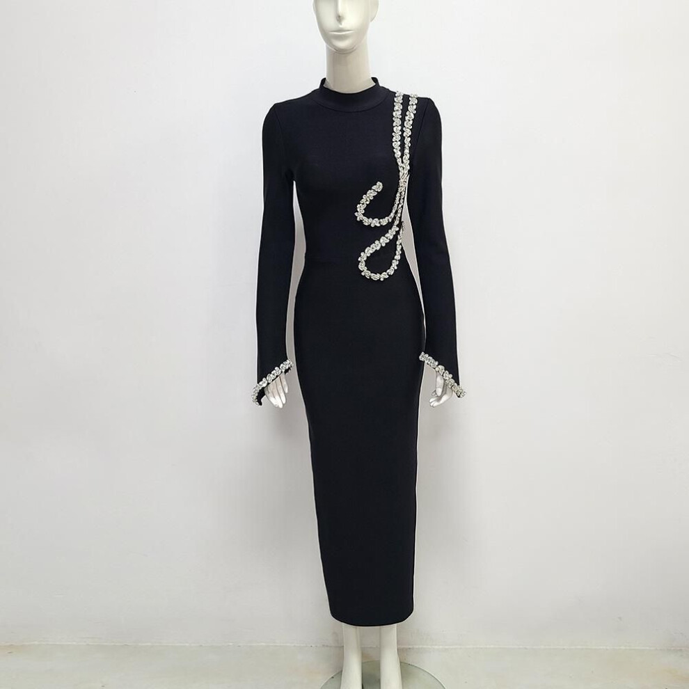 (black, Small) Elegant Star-style Diamond Nail Bandage Dress - Round Neck Evening Party Skirt For Women