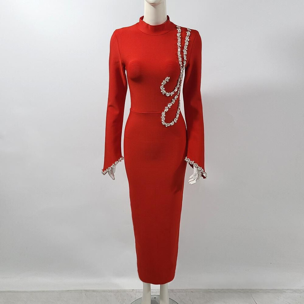 (red, Small) Elegant Star-style Diamond Nail Bandage Dress - Round Neck Evening Party Skirt For Women