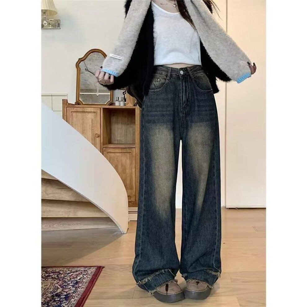 (blue, 3XL) Women's High-waisted Retro Distressed Wide-leg Jeans - Autumn/winter, Plus Size, Floor-length