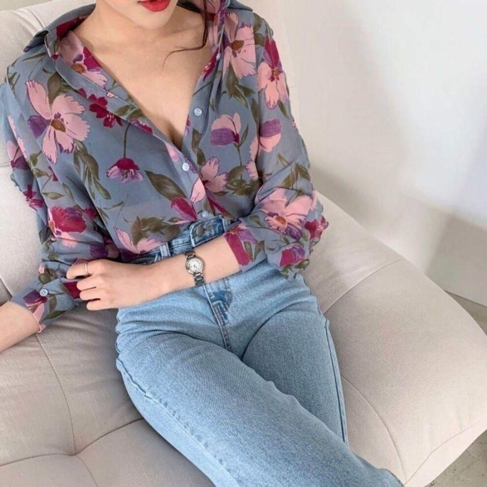 (light purple, M) Elegant Floral Chiffon Women's Long Sleeve Top - Spring/Summer 2025 Collection