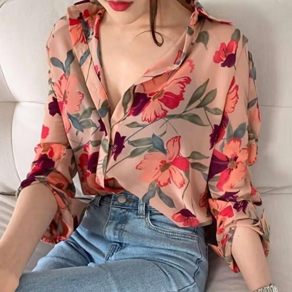 (orange,red, L) Elegant Floral Chiffon Women's Long Sleeve Top - Spring/Summer 2025 Collection