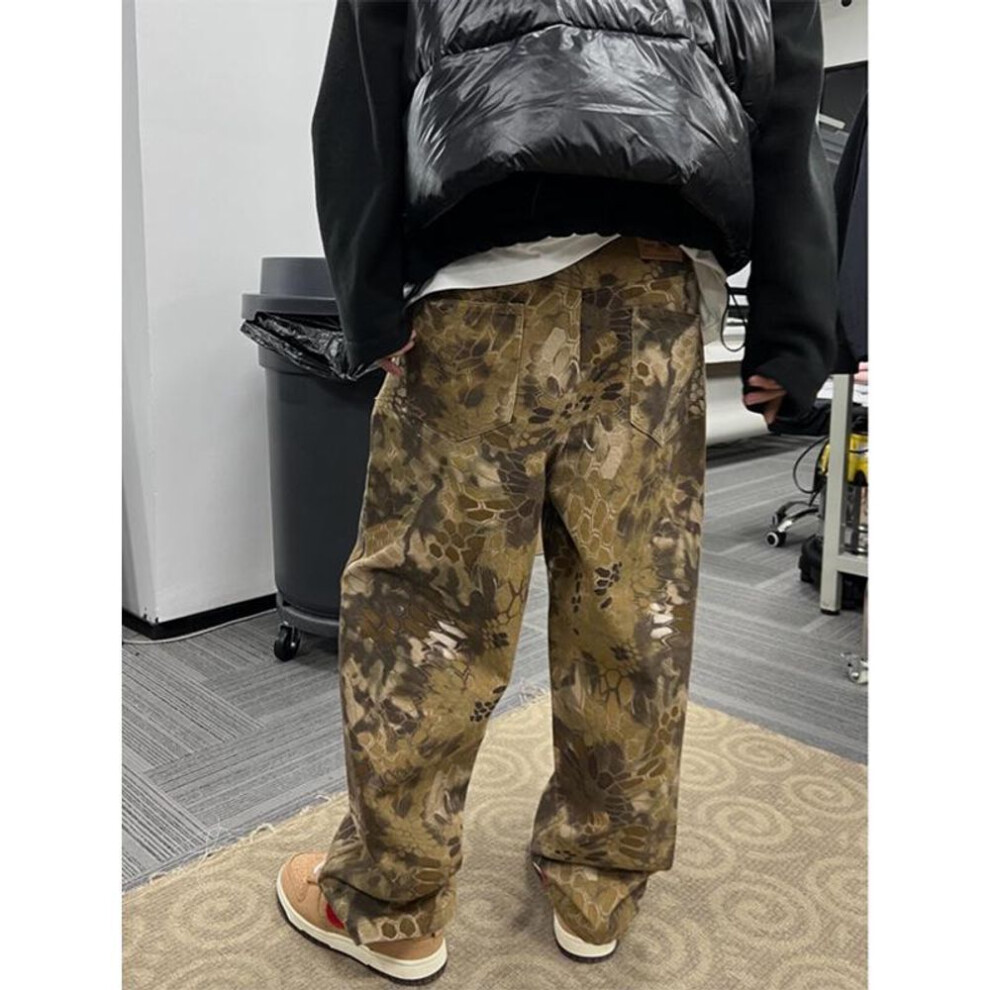 (khaki green, M) Wasteland Camouflage Snake Pattern Vintage Leopard Print Wide-leg Jeans For Men