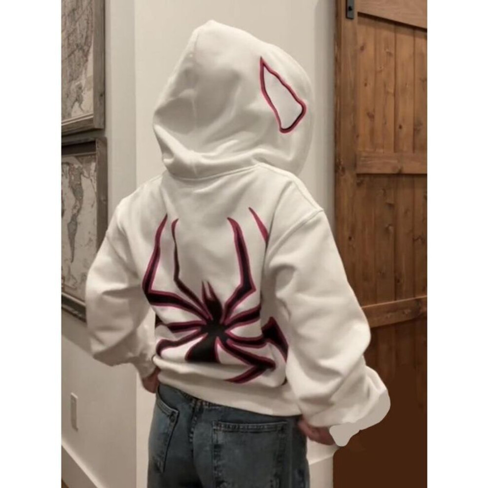 (white, Extra-Large) "2024 Unisex Harajuku Spider Print Zipper Hoodie – Large Size European & American Style