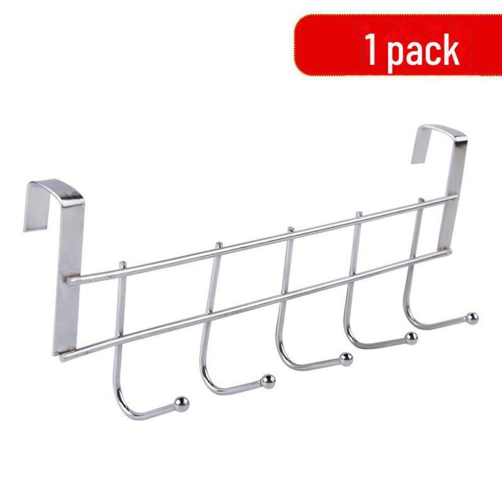 (Silver) Chrome-plated Nail-free Over-door Hook With 5 Hooks For Kitchen Or Bathroom Towels And Sundries.