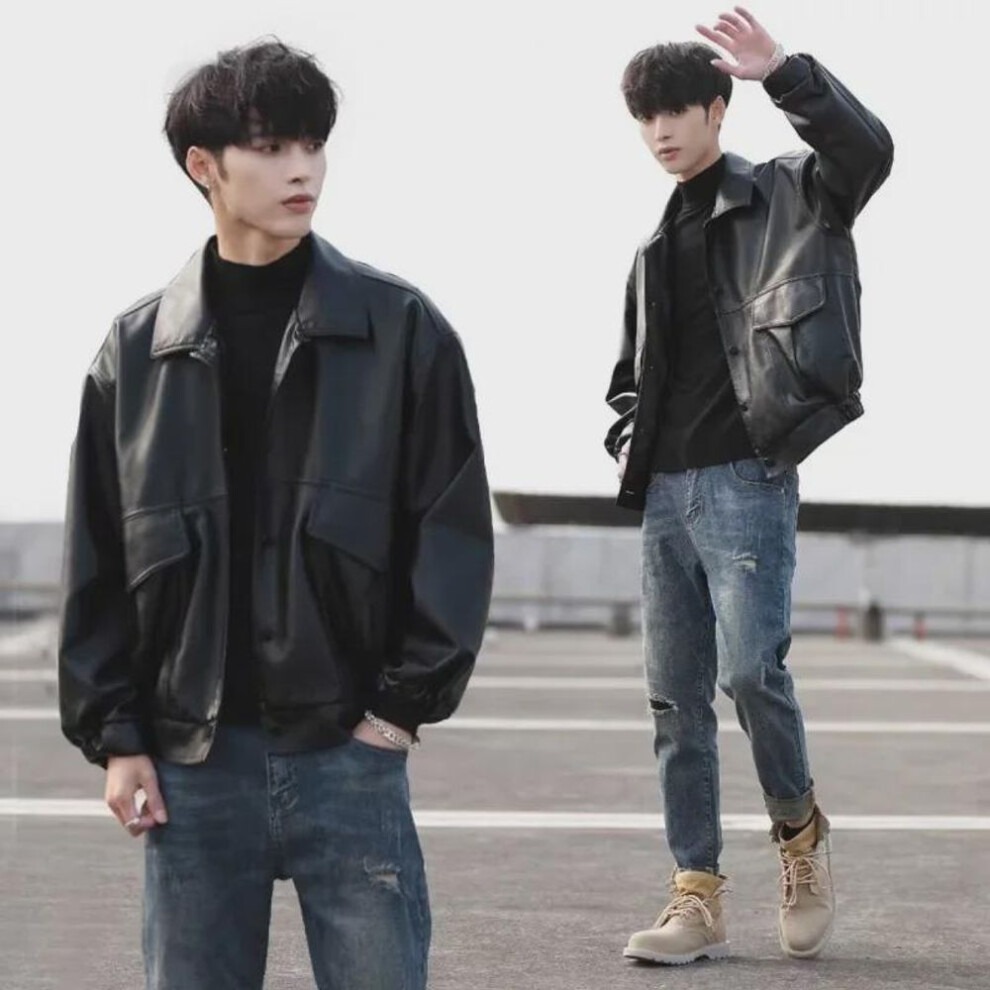 (L (110-135 jin)) Men's Trendy PU Leather Motorcycle Jacket - Stylish, Loose-Fit Pilot Design for Spring & Autumn.