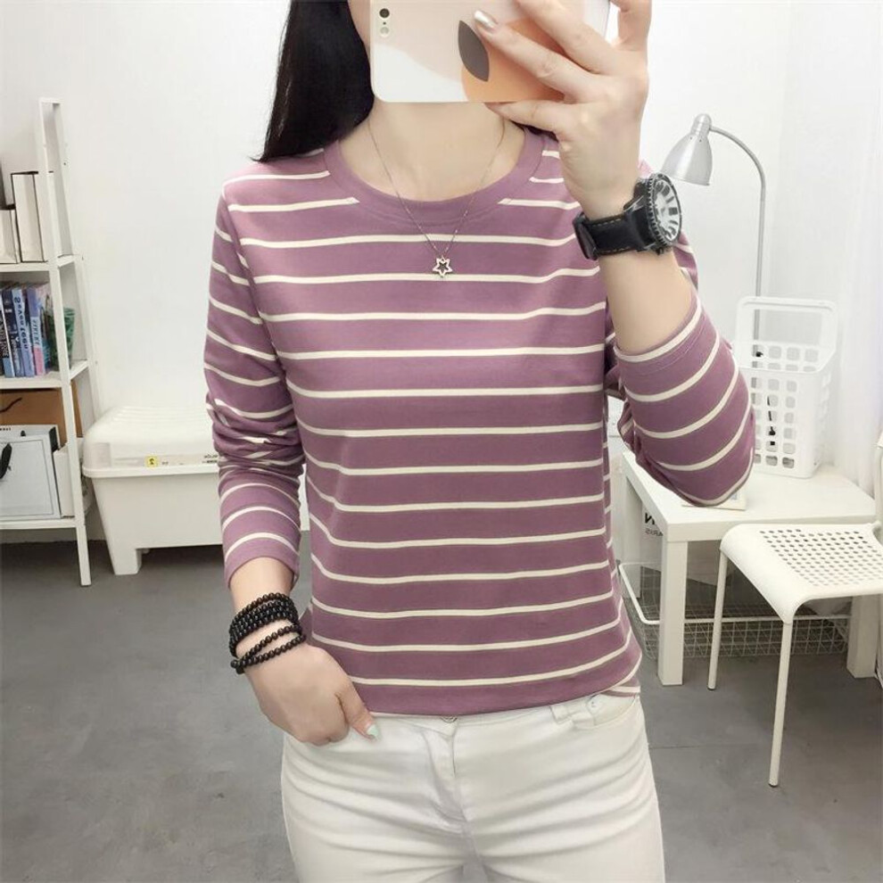 (purple, 2XL (135-145 jin)) Women's Long-sleeve Striped Cotton Top - Loose Fit, Belly-covering, Ideal For Spring And Autumn Layering