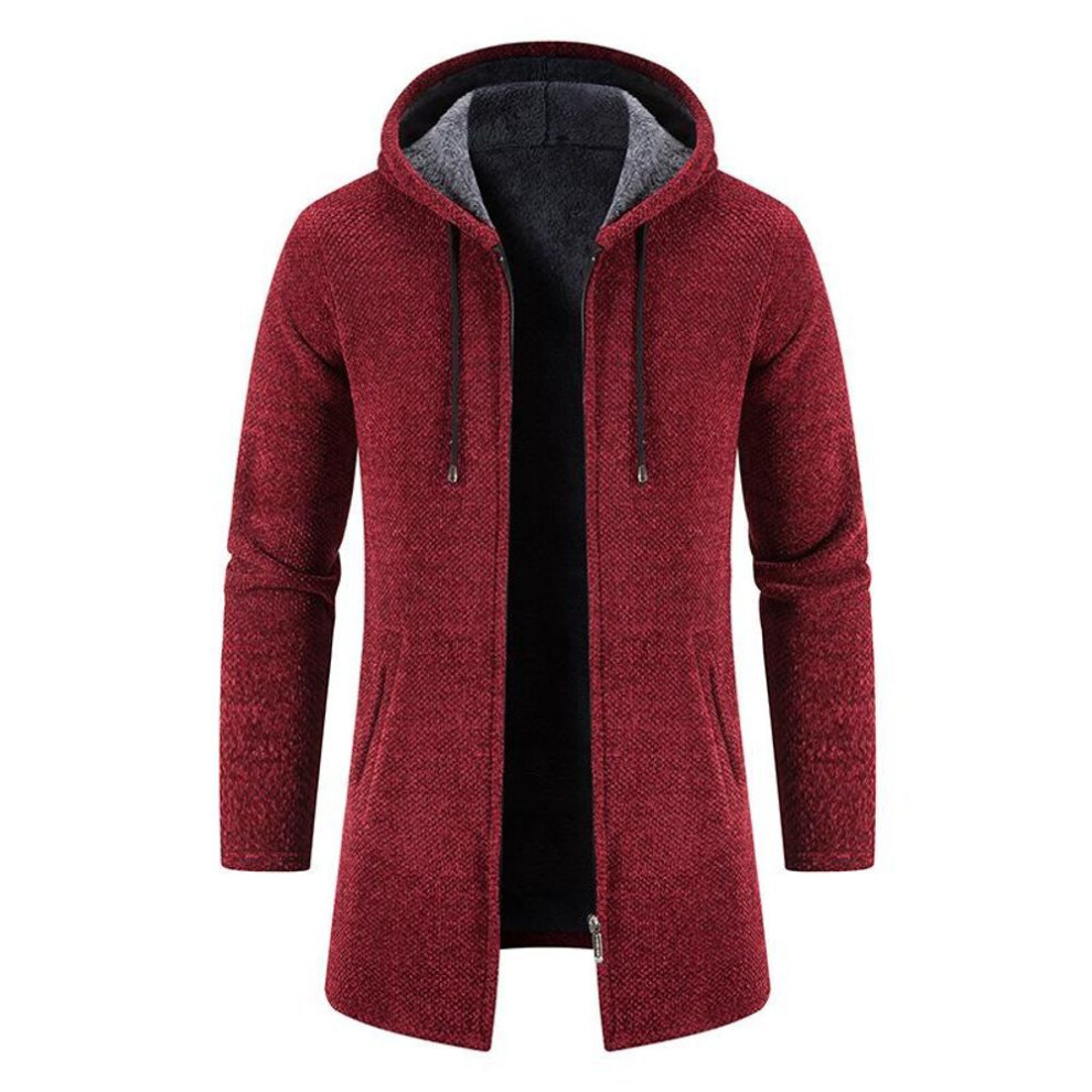 (burgundy, XL) Men's Thickened Hooded Sweater Jacket - Autumn/Winter, Solid Color, Warm Knit