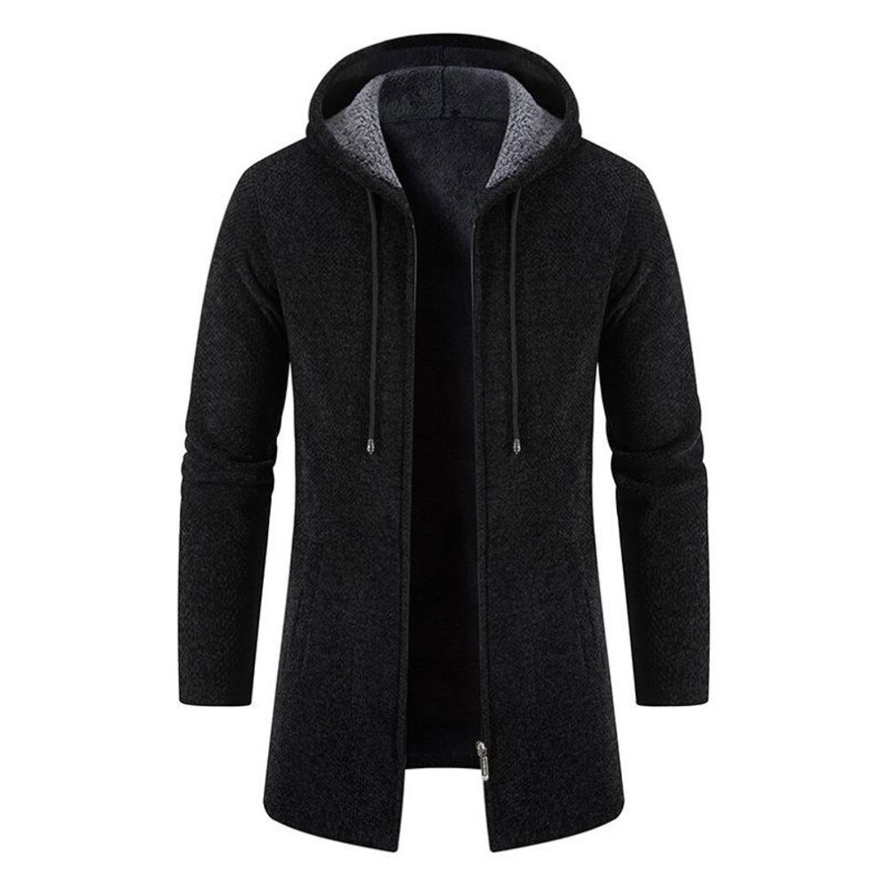 (black, L) Men's Thickened Hooded Sweater Jacket - Autumn/Winter, Solid Color, Warm Knit