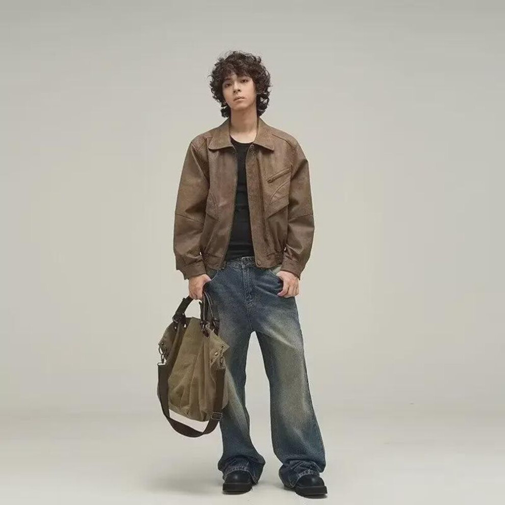 (brown, L) Men's American Retro Pu Leather Motorcycle Jacket - New Autumn Design, Loose Fit, Trendy