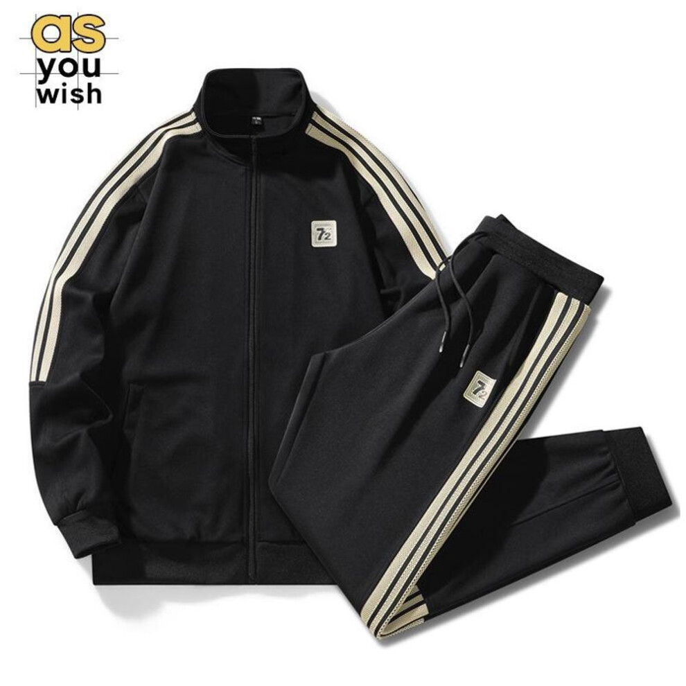 (black, L) Autumn Men's Striped Cardigan & Jacket Sports Two-Piece Casual Suit