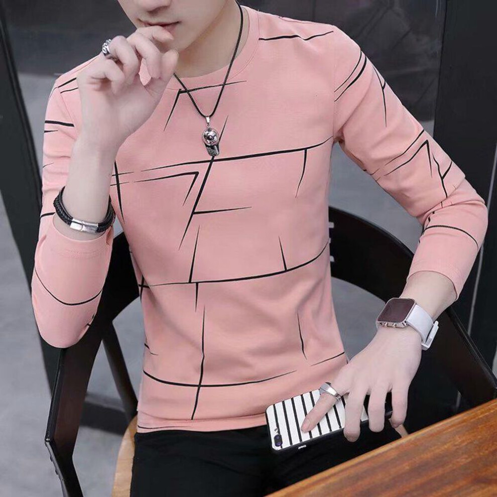 (pink, XXXL) Men's Korean Slim Fit Striped Long-sleeve Round Neck T-shirt For Autumn