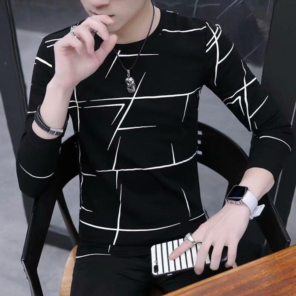 (black, XL) Men's Korean Slim Fit Striped Long-Sleeve Round Neck T-Shirt for Autumn