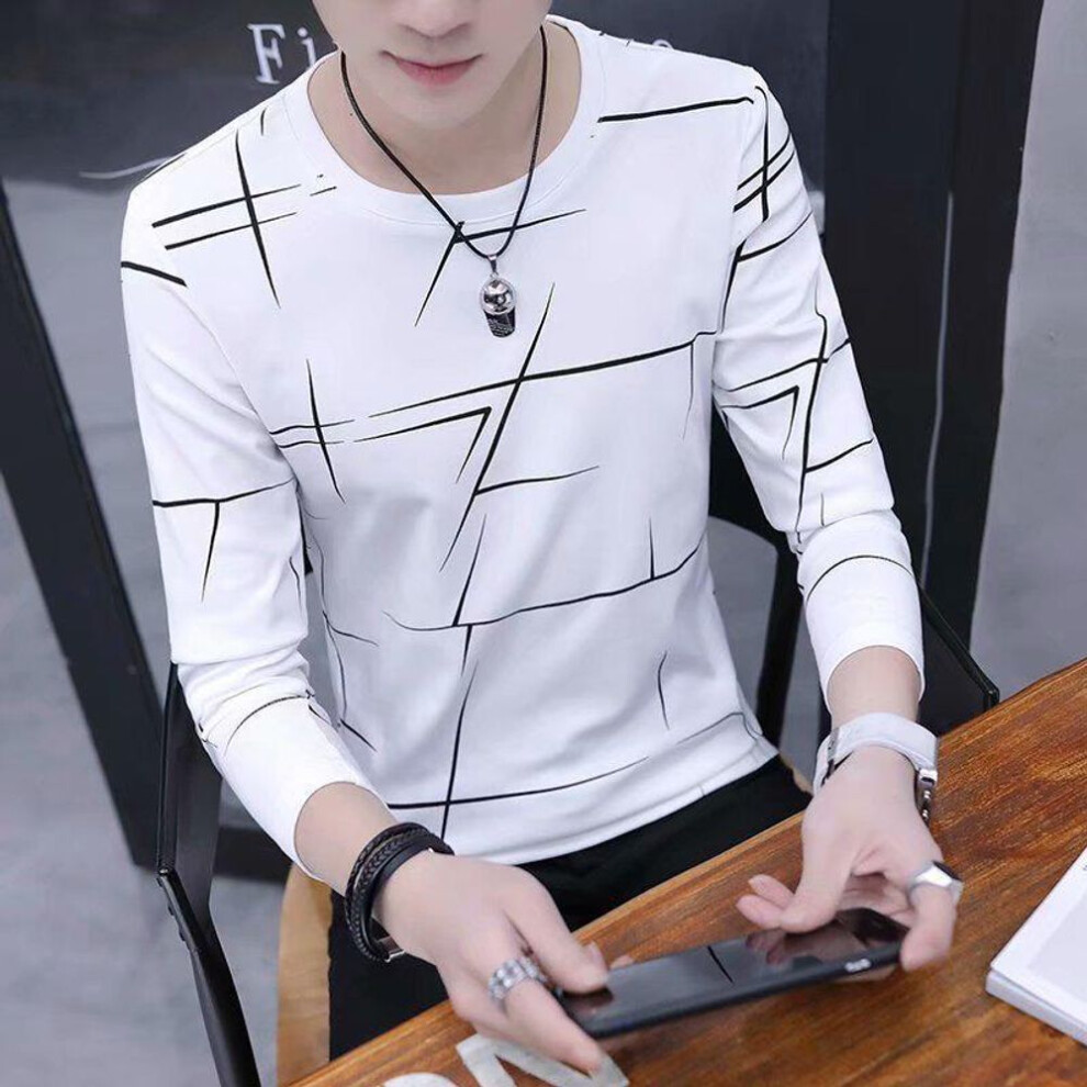 (white, M) Men's Korean Slim Fit Striped Long-Sleeve Round Neck T-Shirt for Autumn