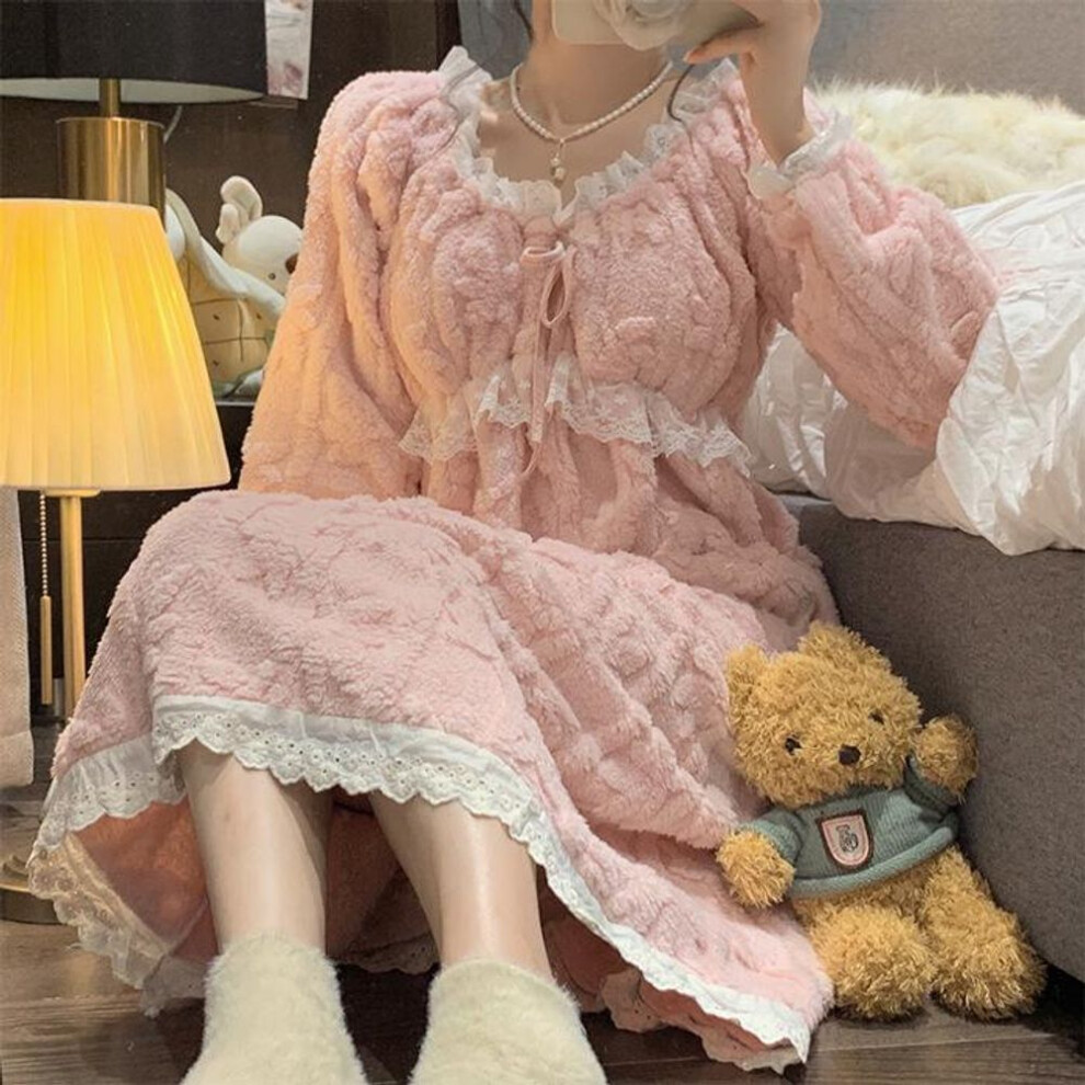 (pink, M) "Women's Winter Coral Fleece Long-Sleeve Nightdress - Warm Flannel Pajamas for Spring & Autumn