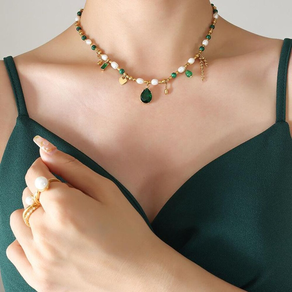Elegant Palace-Style Necklace with Freshwater Pearls, Zircon, Jade, and Turquoise