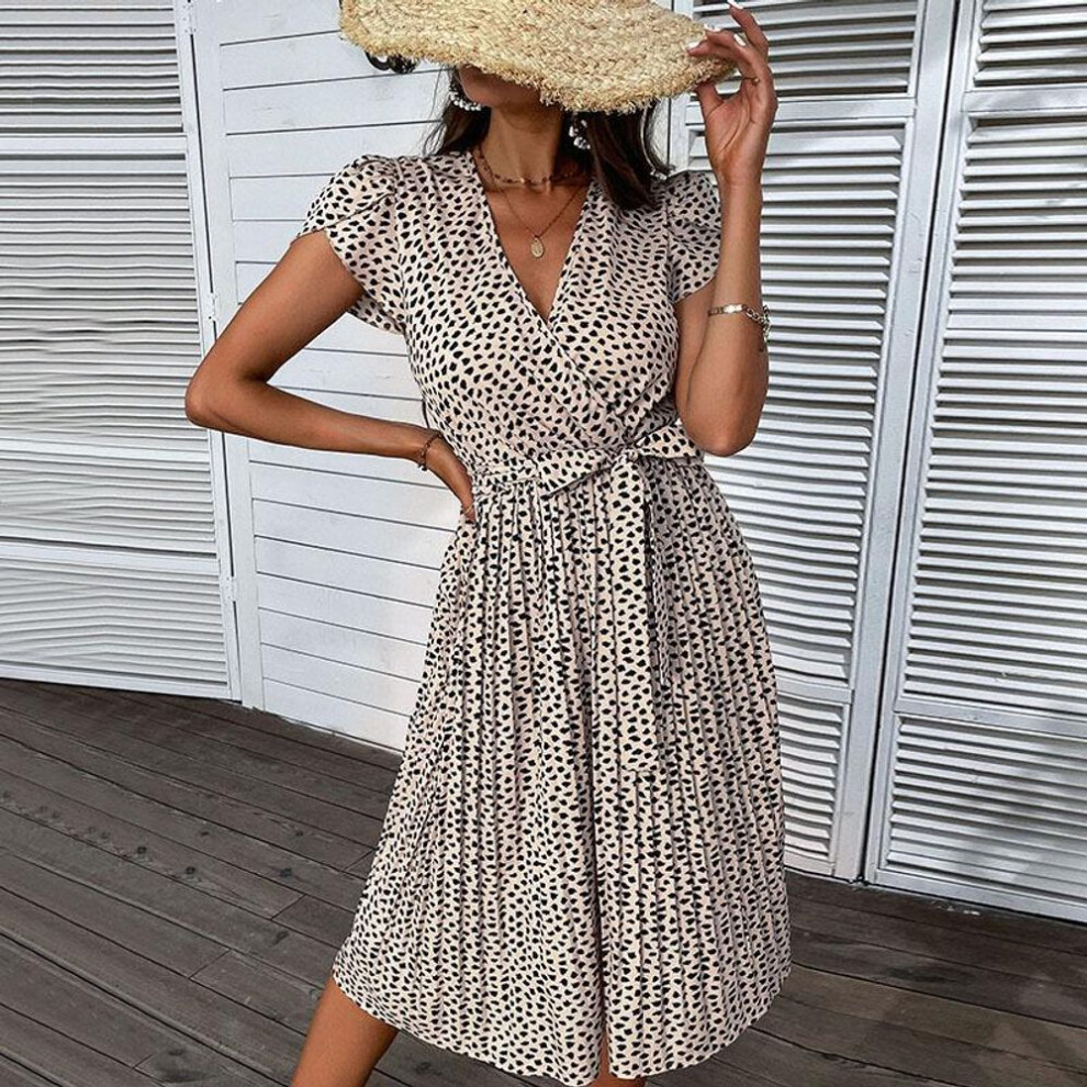 (khaki, XXL) "european And American V-neck Leopard Print Plus Size Summer Beach Dress
