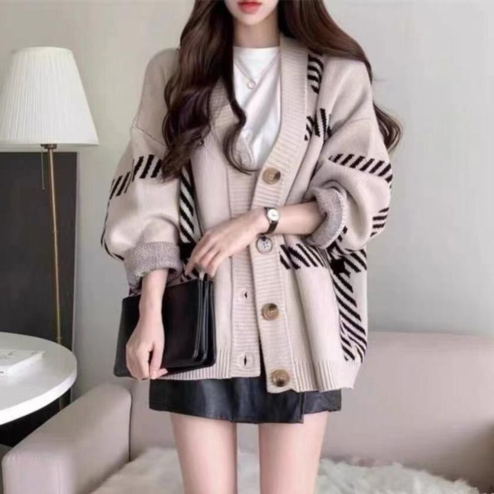 (khaki, One Size) Black Striped Knit Cardigan for Women - 2025 Korean Style, Loose, Versatile, Perfect for Spring & Autumn.