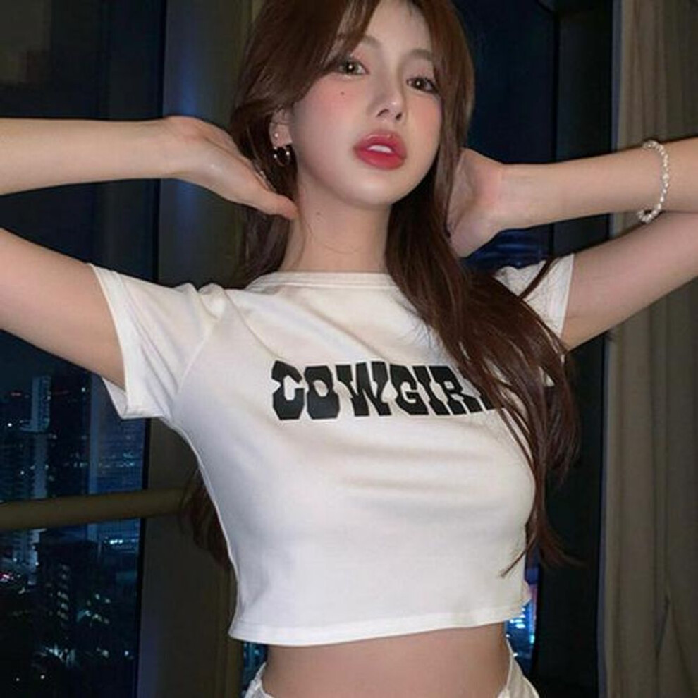 (white, Large) "2025 Summer Slim Fit American Retro High Waist Crop T-Shirt for Women