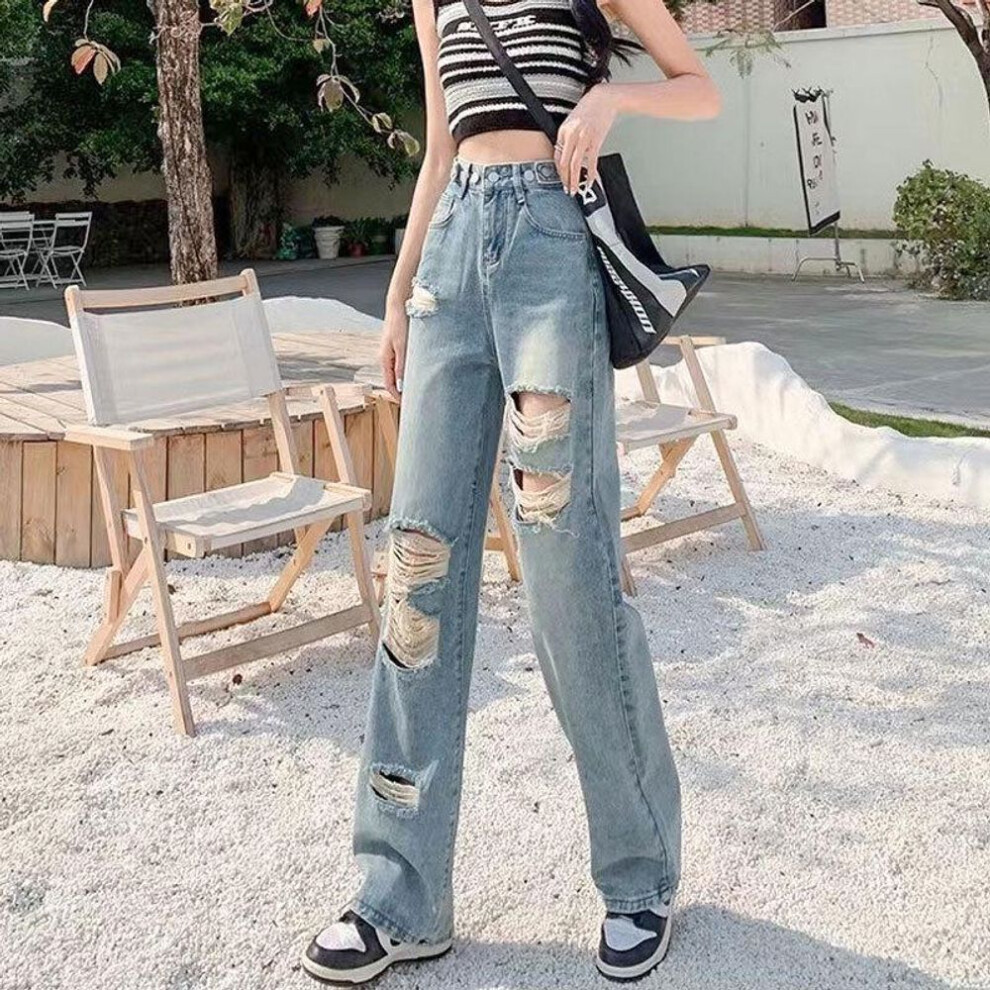 (light blue, 2X-Large) Trendy High-Waist Adjustable Wide-Leg Ripped Denim Pants
