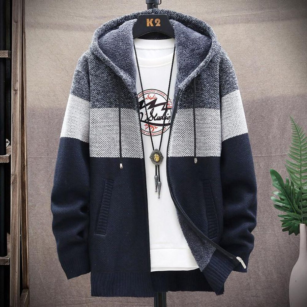 (navy blue, 2XL) Men's Loose-fit Knitted Cardigan Sweater With Hood - Plus Size, Thick Velvet, Spring/autumn Wear