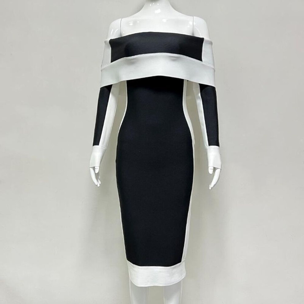 (black, S) Black And White One-shoulder Long Sleeve Bandage Mid-length Dress
