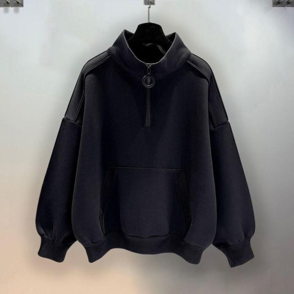 (black, XXXL) Men's Retro Black Half-Zip Hooded Sweatshirt: Spring & Fall Stand-Up Collar, Trendy High-End Street Style for Autumn & Winter.