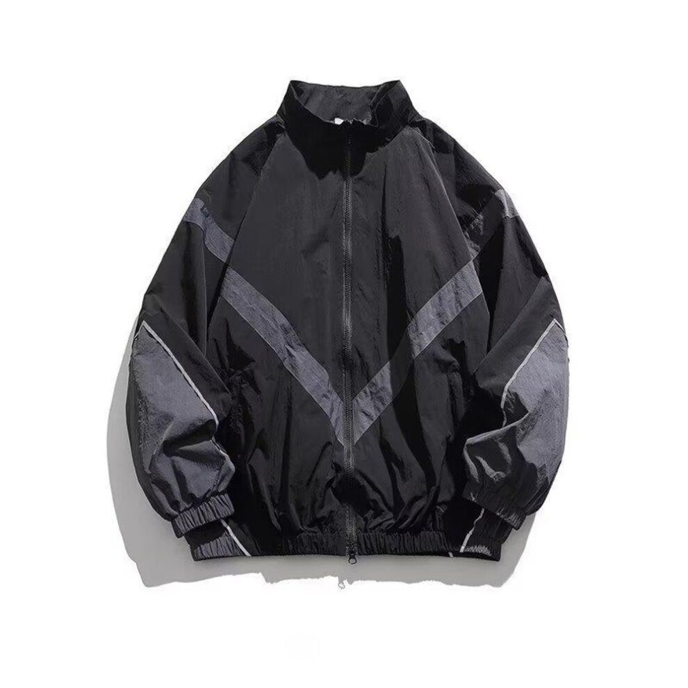 (black, Medium) "Men's Trendy Stand Collar Jacket with Reflective Stitching - Lightweight, Loose Fit for Autumn