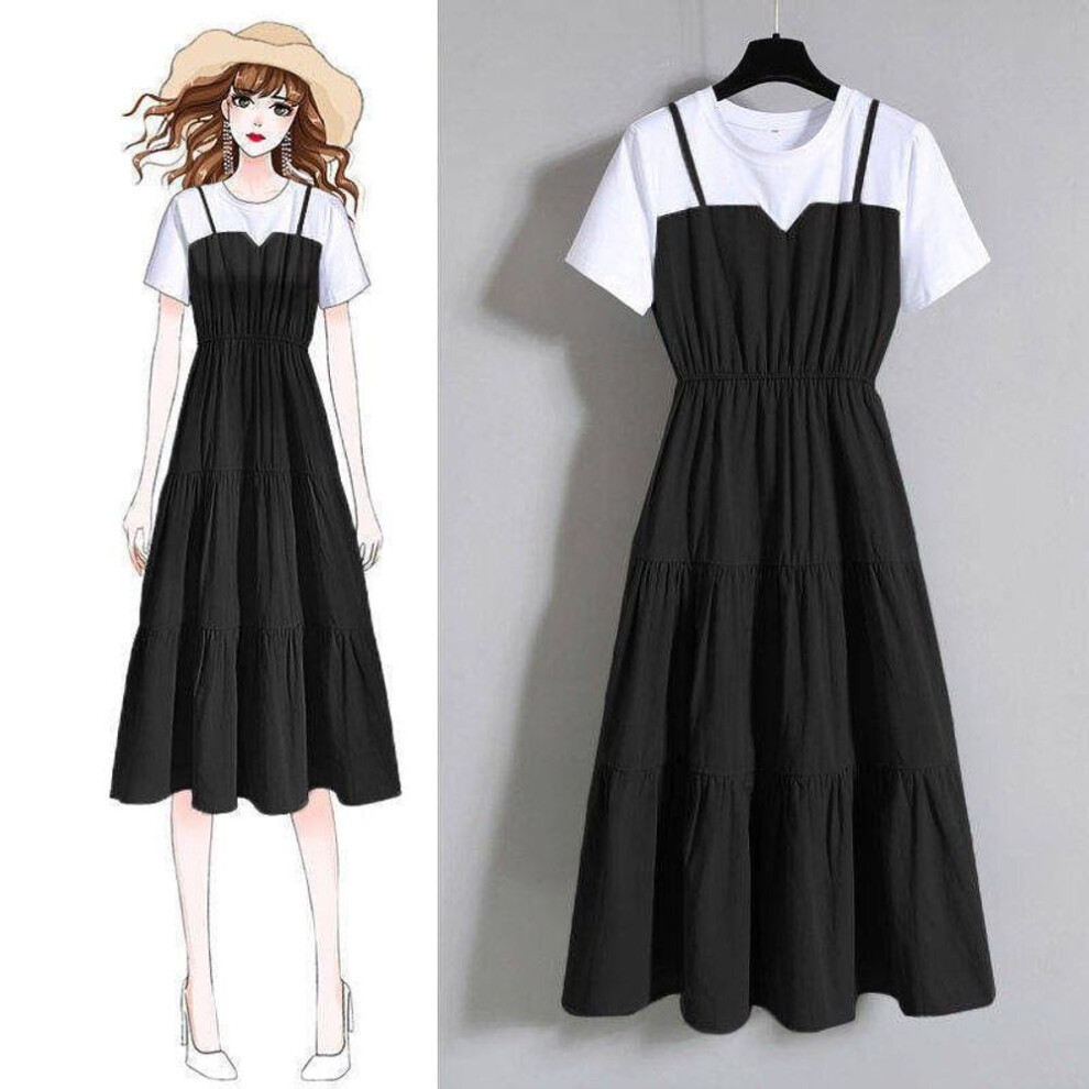 (black, 2XL) Plus Size Women's Chinese Style Slim Fit Faux Two-piece Short-sleeved Summer Dress
