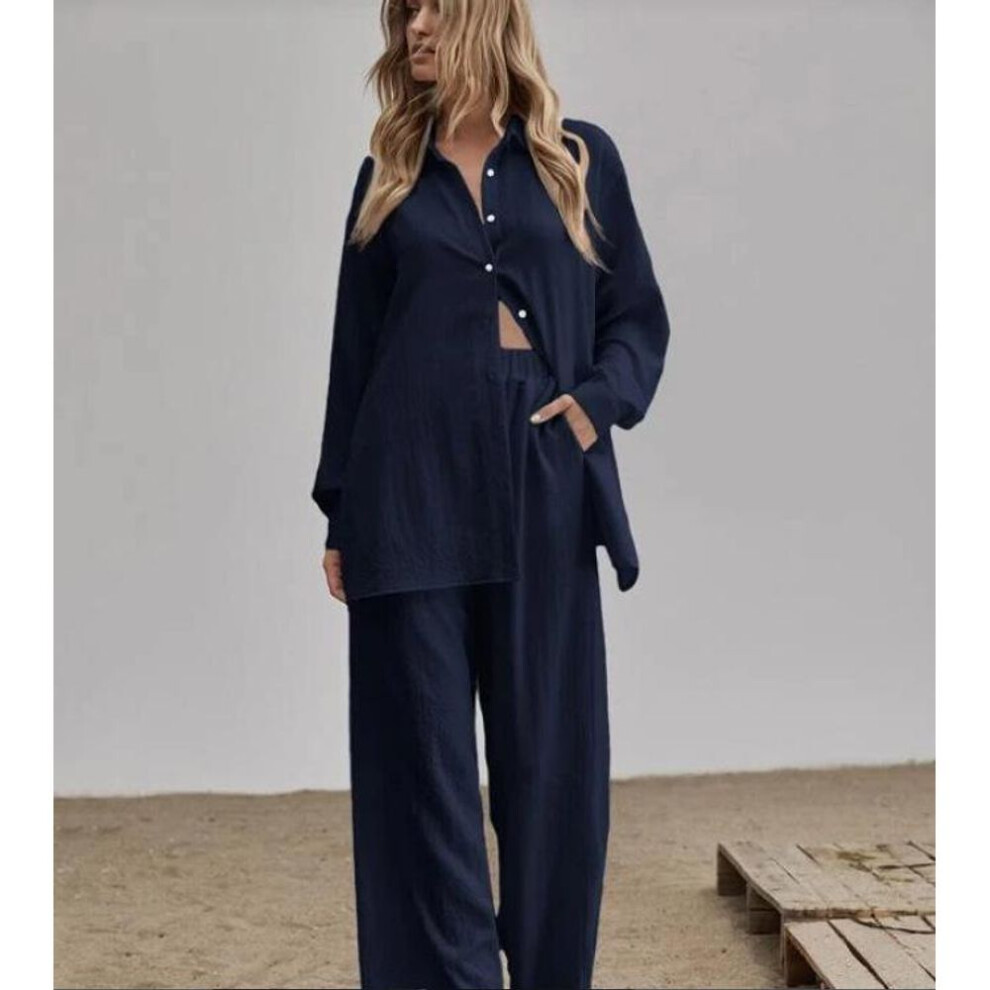 (navy blue, XS) "Women's Autumn 2022 Solid Color Casual Suit: Long-Sleeve Shirt & Elastic Waist Trousers
