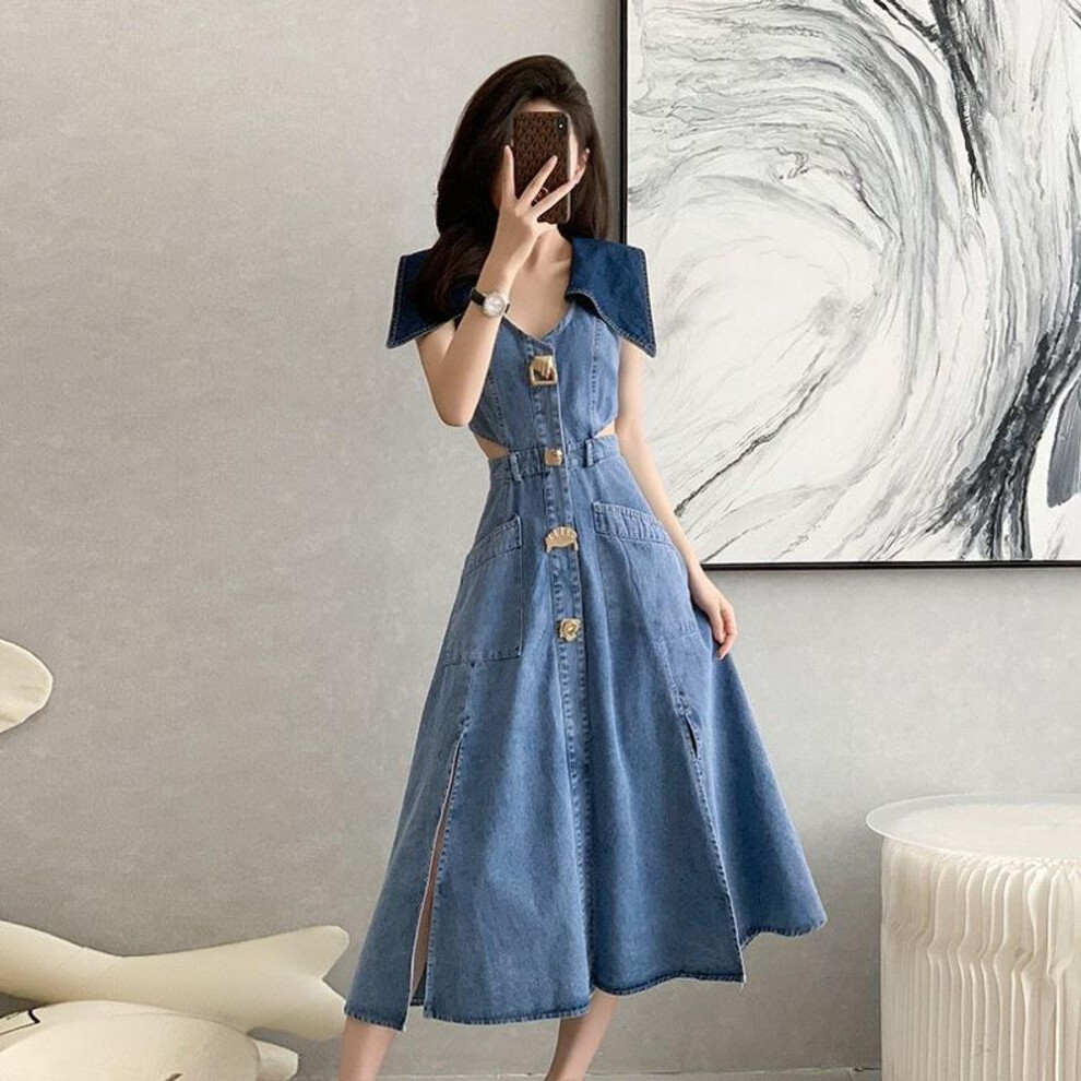(blue, Medium) "Royal Style Contrast Color A-Line Denim Skirt with Large Lapel and Waist Slit - Women's Slim Fit, Early Autumn 2025