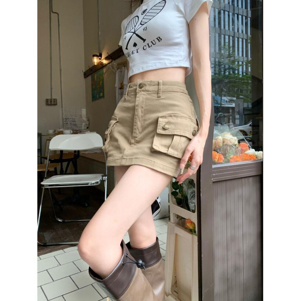 (XL) "Women's High-Waisted Khaki A-Line Denim Skirt - Summer Retro Style, Anti-Exposure Design