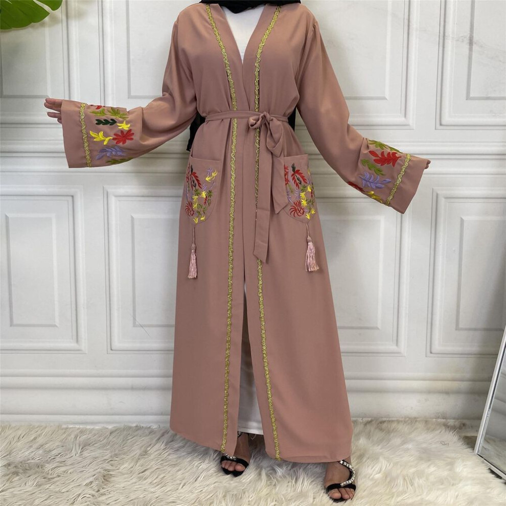 (pink, Small) Embroidered Lace-up Women's Cardigan Robe - Middle Eastern Muslim Fashion, Dubai Inspired