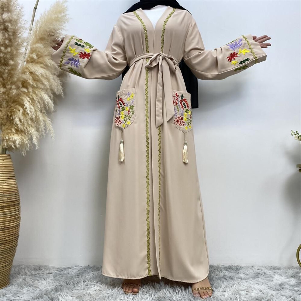 (apricot, Large) Embroidered Lace-up Women's Cardigan Robe - Middle Eastern Muslim Fashion, Dubai Inspired