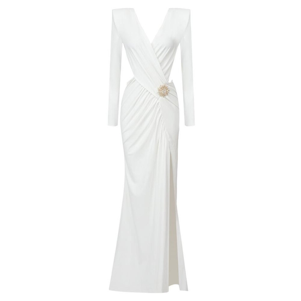 (white, Extra Small) White Long-sleeve V-neck Pleated Cross-over Dress - Elastic Spring Skirt For Women