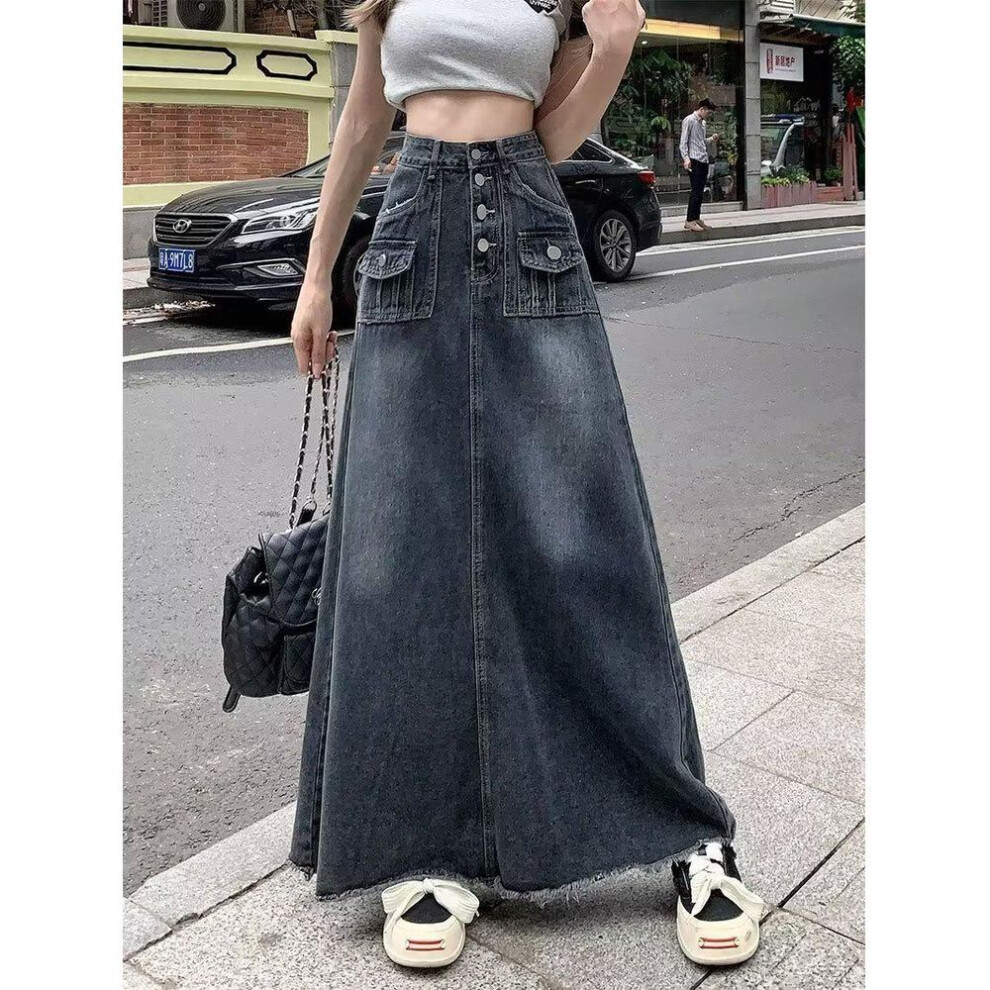 (blue-gray, S) "Plus Size High Waist Retro A-Line Denim Skirt for Women – Summer Slimming Mid-Length Design