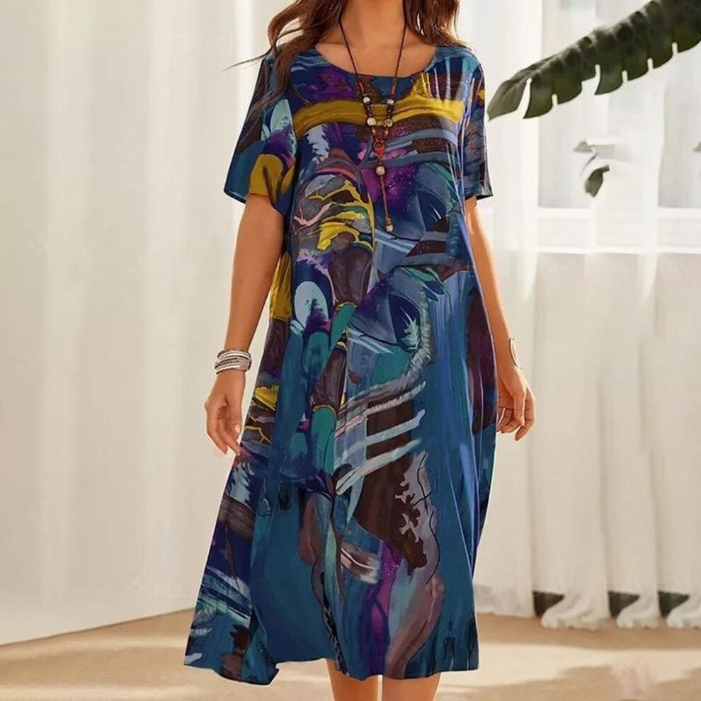 (blue, 2XL) "2023 Summer European & American Casual Print Short-Sleeve Waist Dress, Loose Beach Maxi Skirt