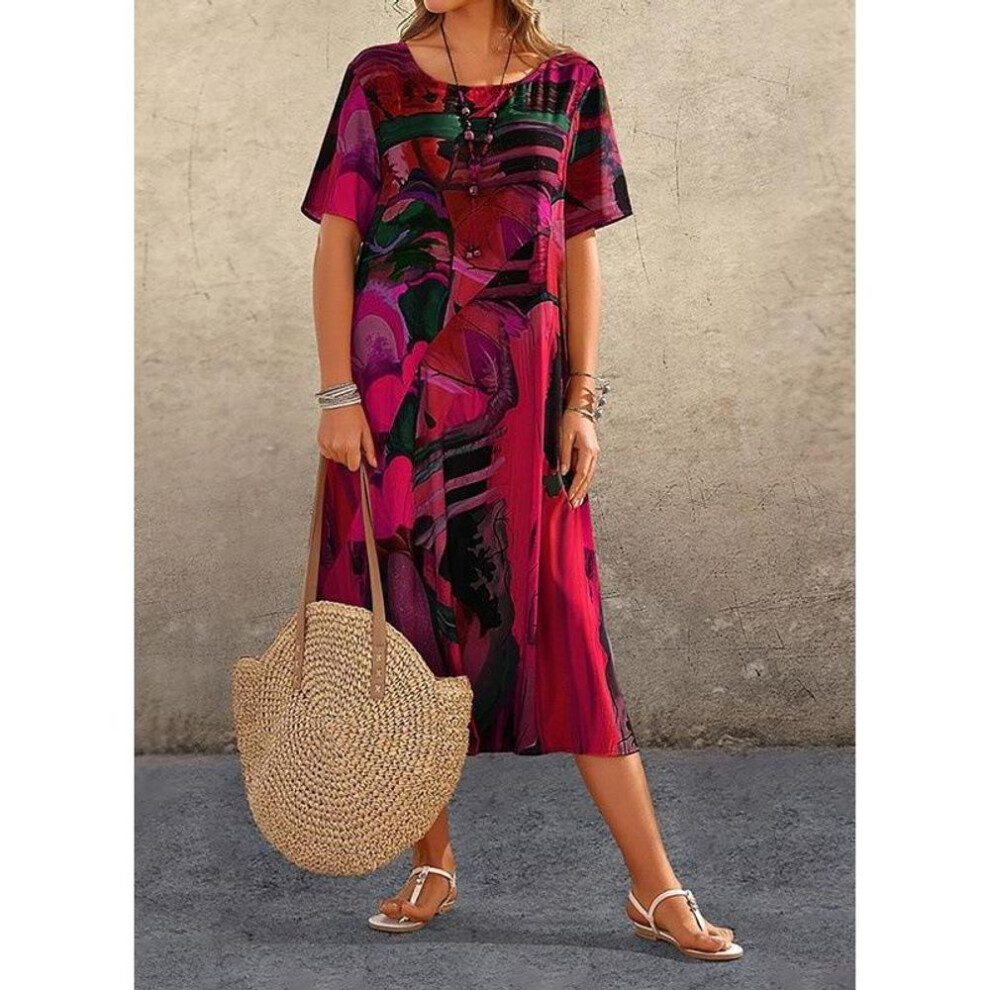 (red, 3XL) "2023 Summer European & American Casual Print Short-Sleeve Waist Dress, Loose Beach Maxi Skirt
