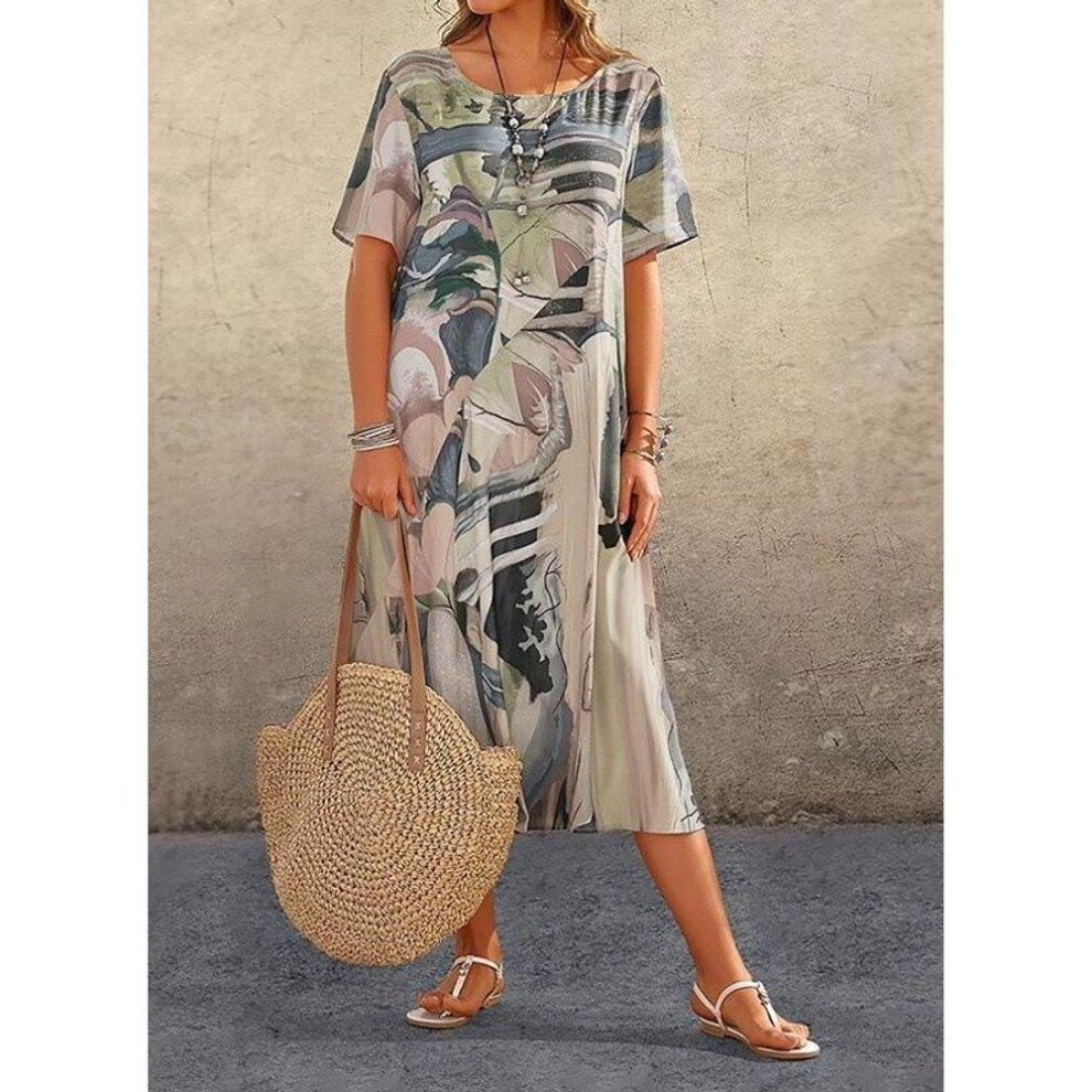 (gray, 2XL) "2023 Summer European & American Casual Print Short-Sleeve Waist Dress, Loose Beach Maxi Skirt