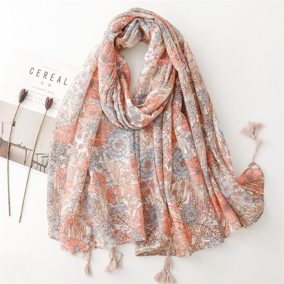 (180x90 cm) "yitao Soft Pink Floral Scarf - Cotton & Linen Feel With Silver Silk, Fashionable Women's Shawl
