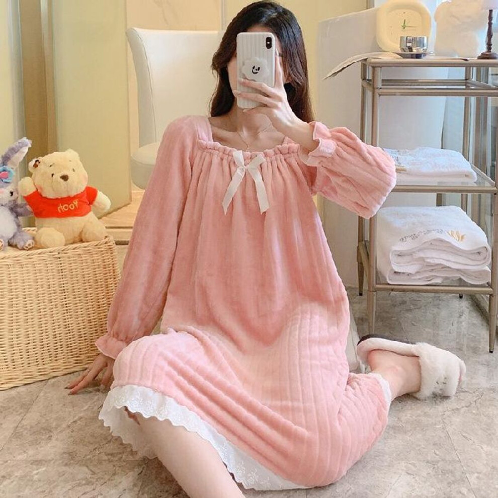 (pink, M) Women's Warm Flannel Striped Nightdress with Sweet Bow and One-Shoulder Lace Neckline