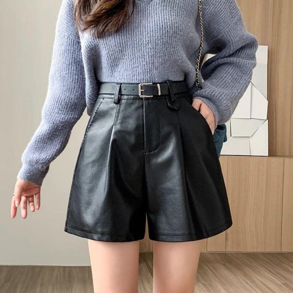 (black, 4XL) High-Waisted Black PU Leather Shorts for Women - Slim, Wide-Leg Design for Autumn/Winter 2024
