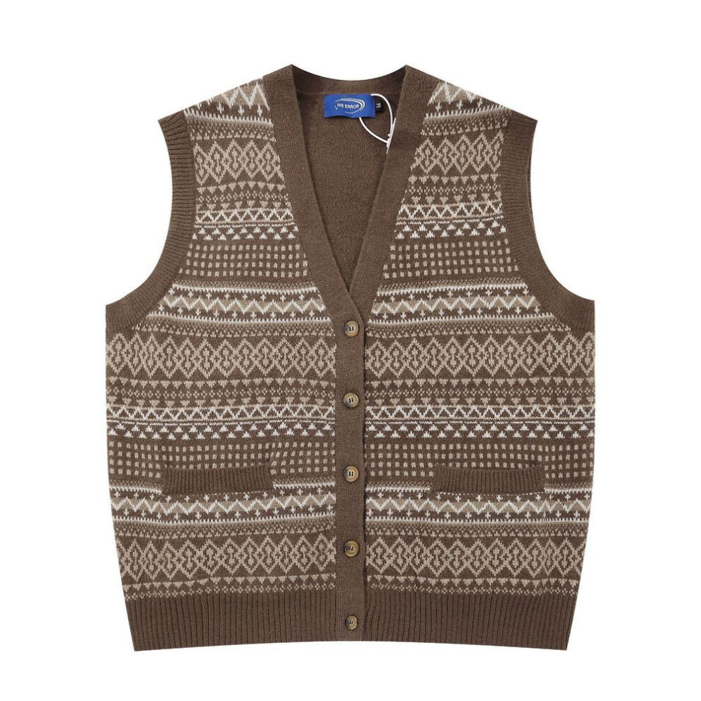 (brown, L) "Japanese Retro Ethnic V-Neck Jacquard Cardigan Vest - Casual, Versatile, Loose-Knit Sweater for Couples