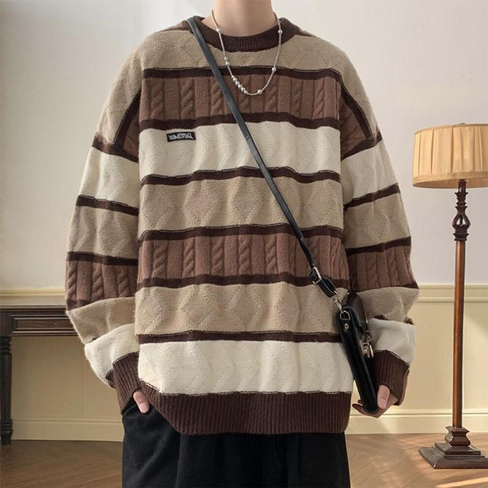 (brown, M) Unisex Vintage Japanese Contrast Stripe Round Neck Sweater - Winter College Style, Thick Knitted, Warm for Men and Women.
