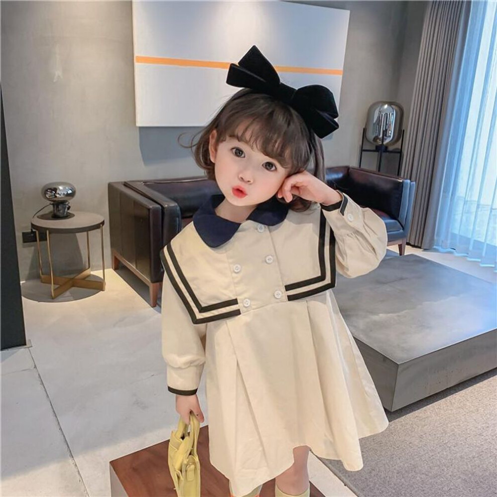 (white, 130 cm) "2024 Autumn Girls' Western College-Style Navy Dress with Korean Flair