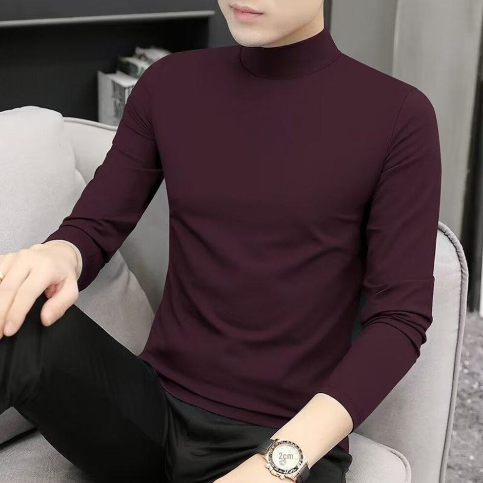 (wine red, XL) Men's Solid Color Mid-Neck Long-Sleeve T-Shirt for Autumn & Winter