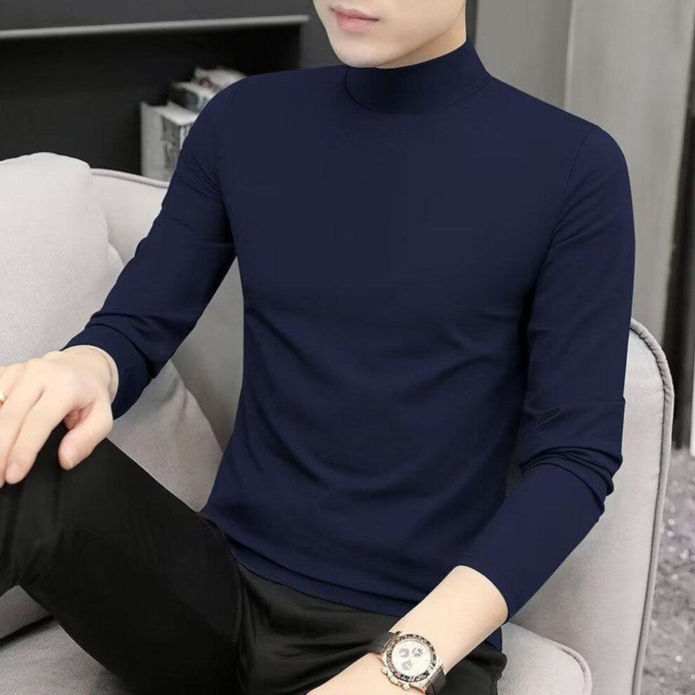 (navy blue, L) Men's Solid Color Mid-Neck Long-Sleeve T-Shirt for Autumn & Winter