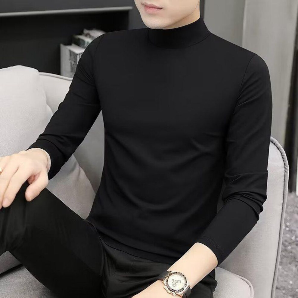 (black, 5XL) Men's Solid Color Mid-Neck Long-Sleeve T-Shirt for Autumn & Winter