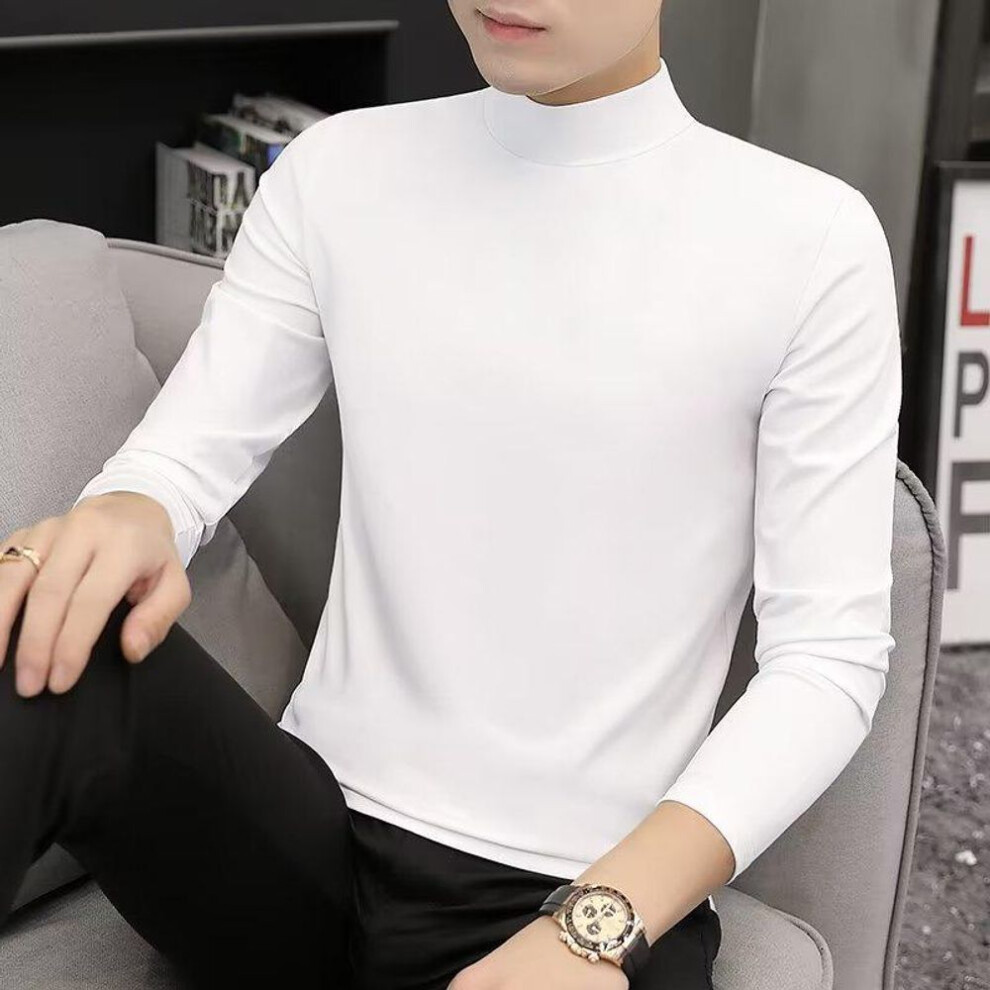 (white, M) Men's Solid Color Mid-Neck Long-Sleeve T-Shirt for Autumn & Winter