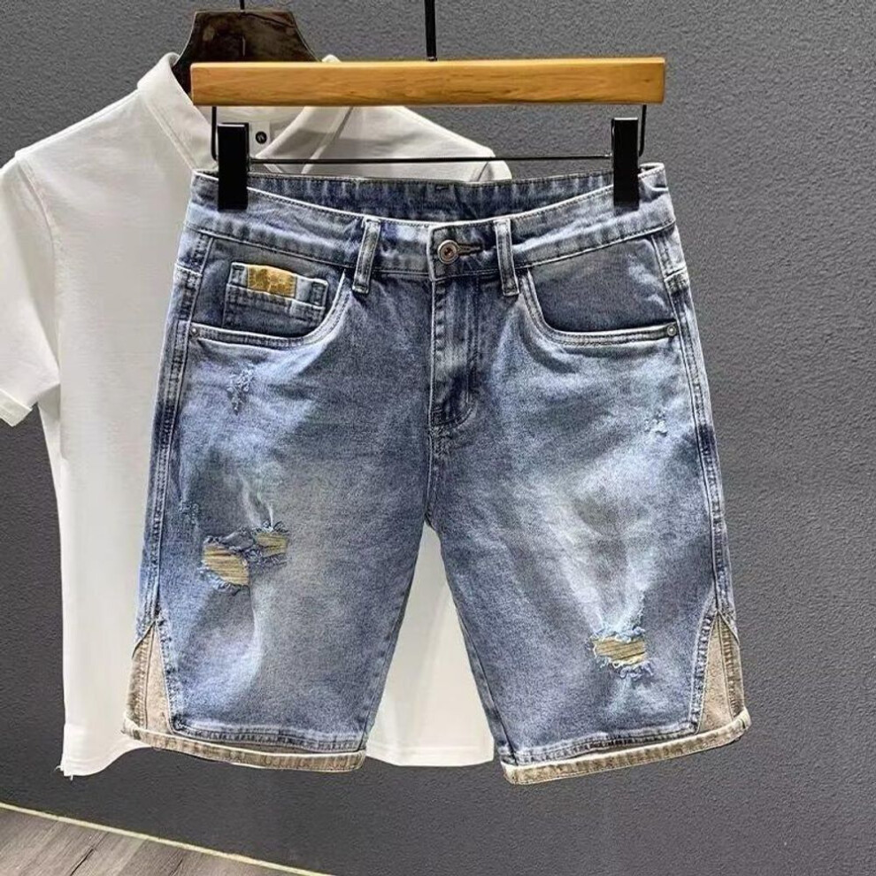 (blue, 31) Men's Retro Japanese Style Ripped Denim Shorts - Summer Trend, Straight Casual Fashion, Mid-Length.