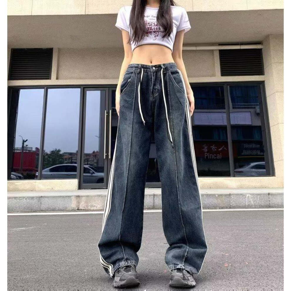 (blue,gray, 2XL) 2023 High-End High-Waist Drawstring Wide-Leg Jeans for Women